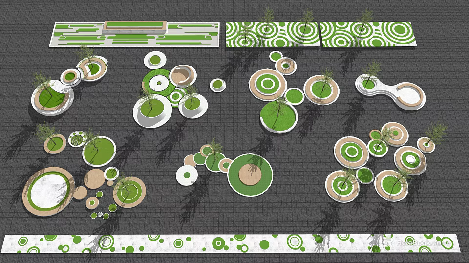 Various Circular Tree Pits Design With Green Surfaces And Patterned Layout 3d model