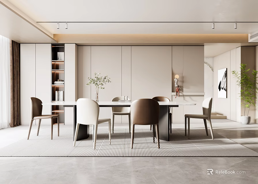 Sleek Modern Restaurant Interior Design With Dining Table Chairs And Decorative Plant 3d model 