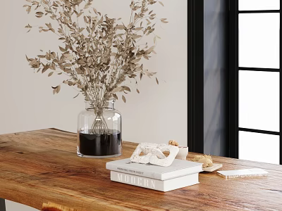 Glass Vase With Dried Flowers On Wooden Table Near Window With Natural Light 3d model