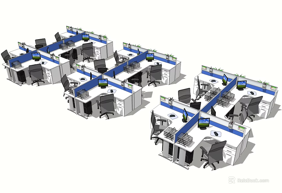 Modern Office Workspace With Multiple Desks Computer Monitors Ergonomic Chairs And Green Plants 3d model 