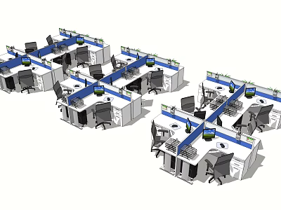 Modern Office Workspace With Multiple Desks Computer Monitors Ergonomic Chairs And Green Plants 3d model