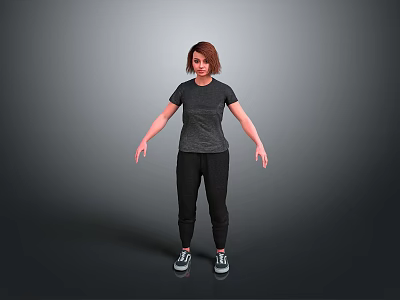 Woman with brown short hair in gray T-shirt black pants white sneakers on gray background 3d model