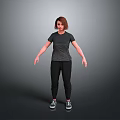 Woman with brown short hair in gray T-shirt black pants white sneakers on gray background