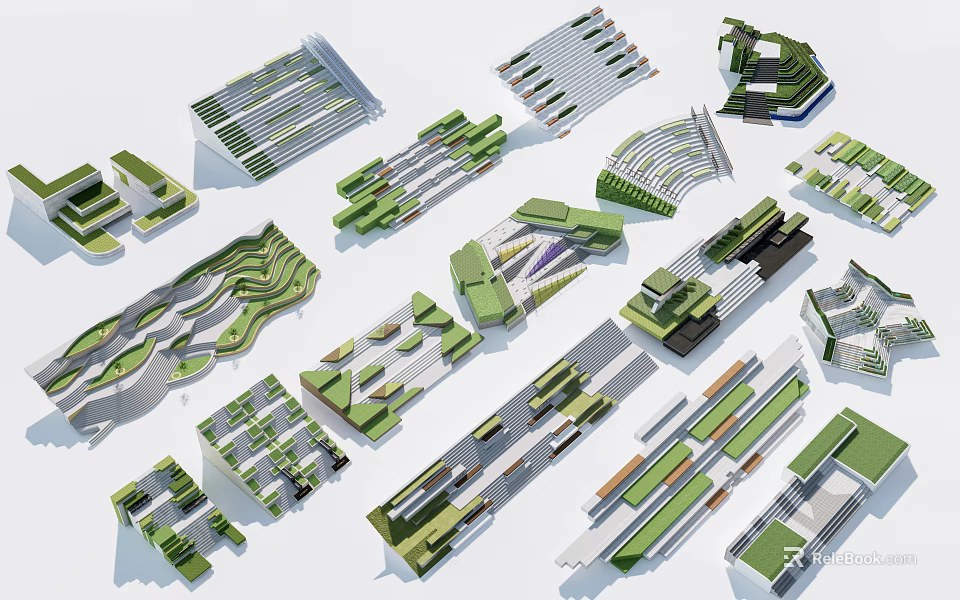 Various Modern Staircase Designs Featuring Geometric Structures And Green Decor Elements 3d model 