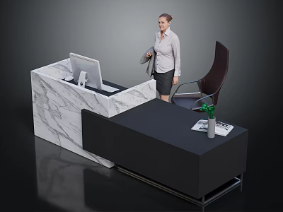 Modern Office Furniture With Marble Countertop Desk Dark Chair Green Plant And Magazine 3d model