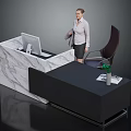 Modern Office Furniture With Marble Countertop Desk Dark Chair Green Plant And Magazine