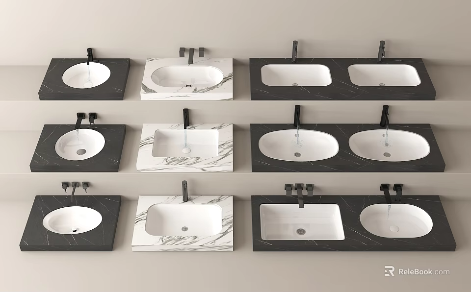Different Design Bathroom Washbasins with Black and White Marble Countertops and Faucets 3d model 
