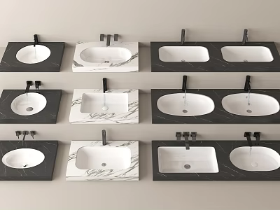 Different Design Bathroom Washbasins with Black and White Marble Countertops and Faucets 3d model