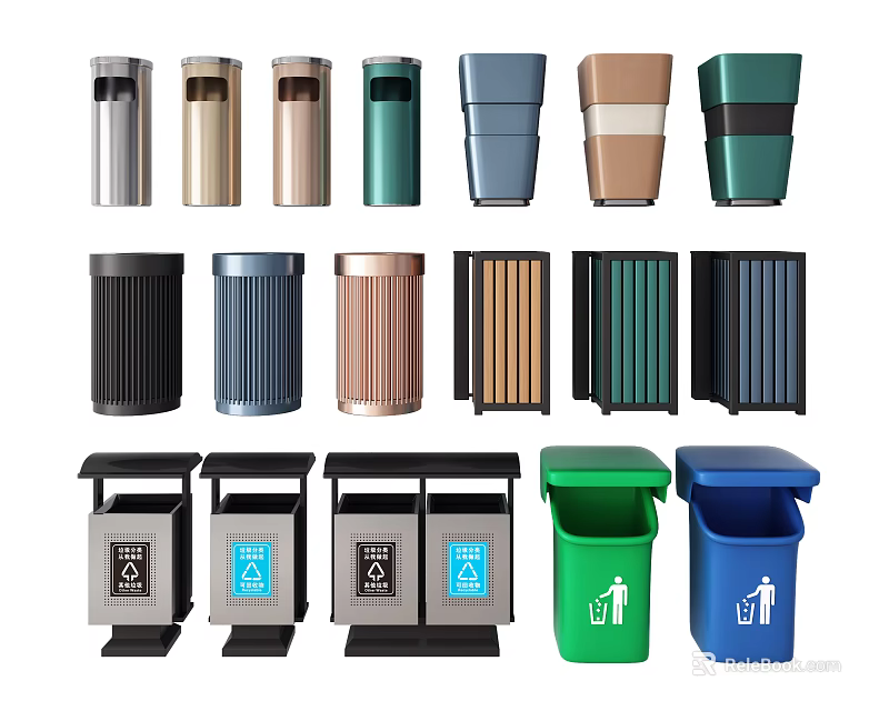 Public Facility Trash Bins With Various Colors Different Designs And Recycling Features 3d model 