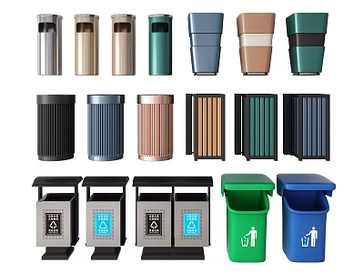 Public Facility Trash Bins With Various Colors Different Designs And Recycling Features 3d model