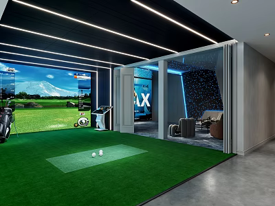 Indoor Golf Simulator Fitness Space With Green Turf Large Screen Modern Lighting And Seating Area 3d model
