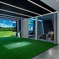 Indoor Golf Simulator Fitness Space With Green Turf Large Screen Modern Lighting And Seating Area