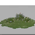 Green Grass Field With White And Light Pink Flower Bushes And Small White Blossoms