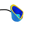 Blue Cone Shaped Electric Device With Yellow Trim Red Button And Black Cable