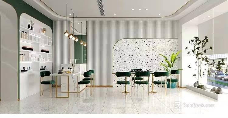Modern Mall Store Interior Design With Green Chairs Marble Countertops Pendant Lights And Decorative Wall 3d model 