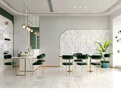Modern Mall Store Interior Design With Green Chairs Marble Countertops Pendant Lights And Decorative Wall 3d model