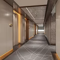 Hotel Corridor Featuring Modern Gray Carpet With Geometric Patterns Warm Lighting And Sleek Walls