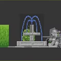 Cartoon Pixel Style Scene With Block Buildings Various Colored Blocks Green Plants And Fountain
