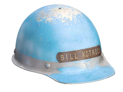 Vintage Blue Helmet with Worn Marks and Metal Plate Engraved Bill Kotrogi 3d model