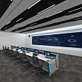 Modern Control Room Interior With Rows Of Control Consoles Multiple Monitors And Large Background 3d model