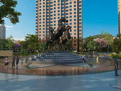 Scenic Urban Park Landscape With Central Fountain Horse Sculptures And Green Trees 3d model