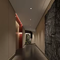 Modern Hotel Corridor Interior Design With Beige Walls Red Accents Recessed Lights And Green Mural