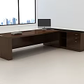 Modern Office Desk With Walnut Computer Monitor Books And Wooden Cabinet By City View Window
