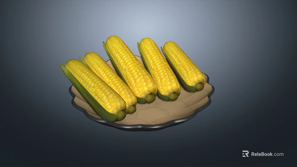 Fresh Yellow Corn Cobs With Green Leaves Placed On A Decorative Plate 3d model 