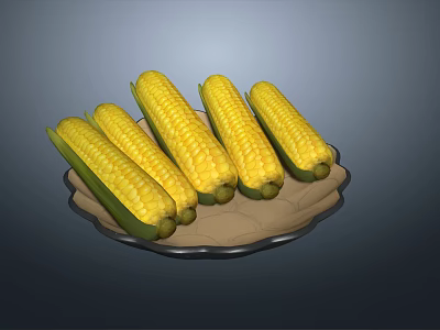 Fresh Yellow Corn Cobs With Green Leaves Placed On A Decorative Plate 3d model
