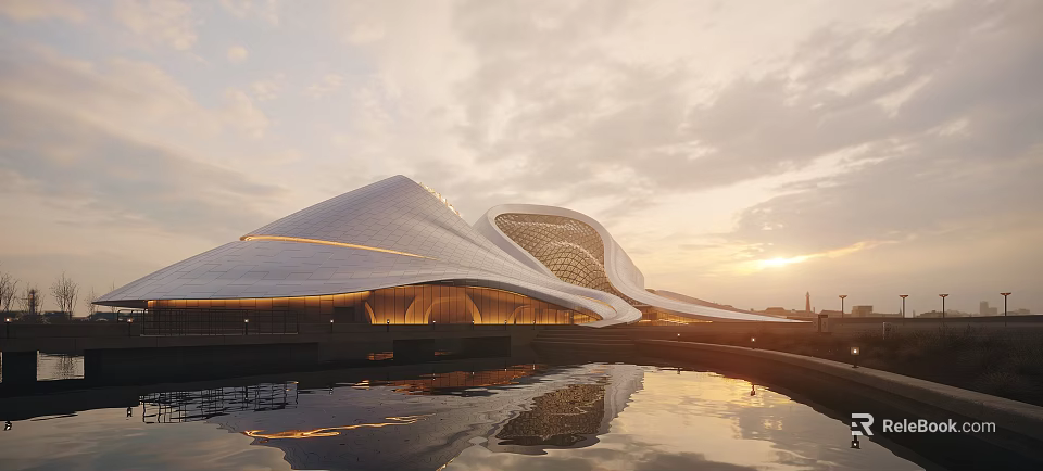 Modern Cultural Center Building With Curved Roof And Sunset Water Reflection 3d model 