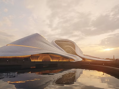 Modern Cultural Center Building With Curved Roof And Sunset Water Reflection 3d model