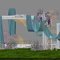 Elegant Floral Display with Blue Curtains White Frame Purple Pink Flowers and Green Lawn