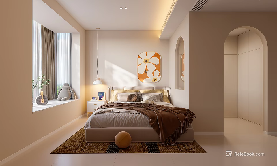 Beige Bedroom Interior With Bed Brown Blanket Carpet Round Wall Art And Table Lamp 3d model 