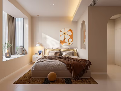 Beige Bedroom Interior With Bed Brown Blanket Carpet Round Wall Art And Table Lamp 3d model