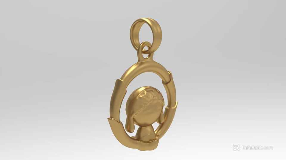 Gold Decorative Pendant Ornament With Small Figure In Circular Frame Design 3d model 