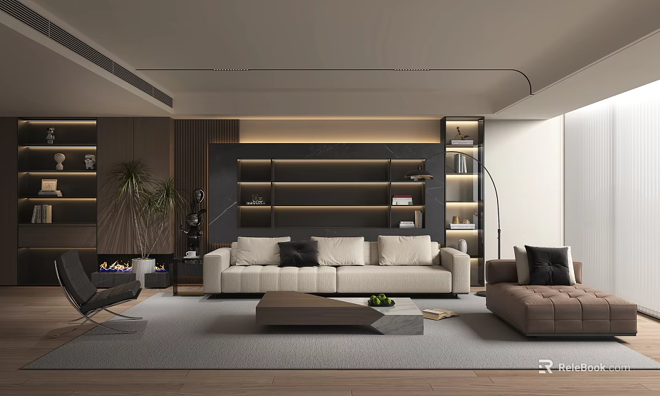Modern Living Room Interior With Sofa Coffee Table Bookshelves Fireplace And Floor To Ceiling Windows 3d model 