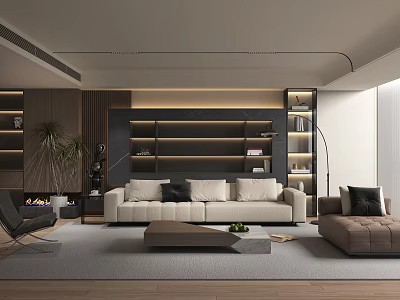 Modern Living Room Interior With Sofa Coffee Table Bookshelves Fireplace And Floor To Ceiling Windows 3d model