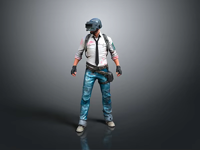 A Man Wearing Tactical Helmet White Shirt Black Tie Blue Jeans Backpack And Gloves 3d model