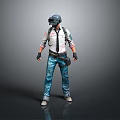 A Man Wearing Tactical Helmet White Shirt Black Tie Blue Jeans Backpack And Gloves