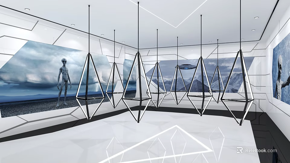 Modern Exhibition Hall Interior Design With Geometric Hanging Structures And Art Installations 3d model