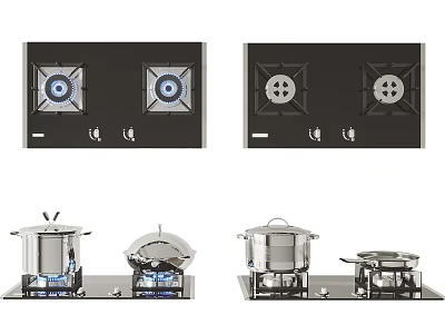 Modern Kitchen Appliances With Double Burner Gas Stoves And Cooking Pots Pans 3d model