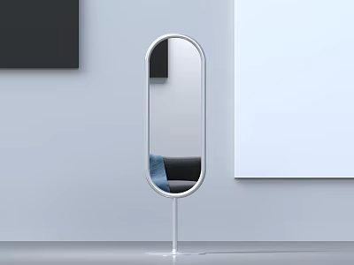 Modern Oval Floor Mirror With White Metal Stand Against Gray Wall And Black Artwork 3d model
