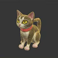 Cute 3D Kitten Model With Pink Ears Yellow Eyes Red Collar And Brown White Fur