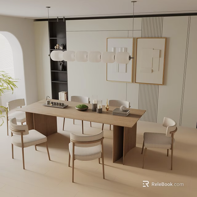 Modern Dining Table Set With Six Chairs Wooden Tabletop And Minimalist Wall Art 3d model 