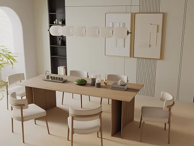 Modern Dining Table Set With Six Chairs Wooden Tabletop And Minimalist Wall Art 3d model