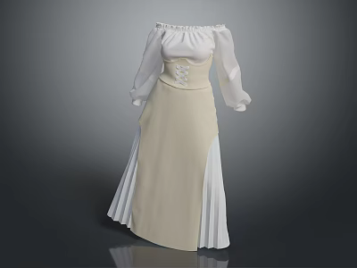 Elegant Off Shoulder Long Sleeve Dress With Cinched Waist Beige Skirt And White Top 3d model