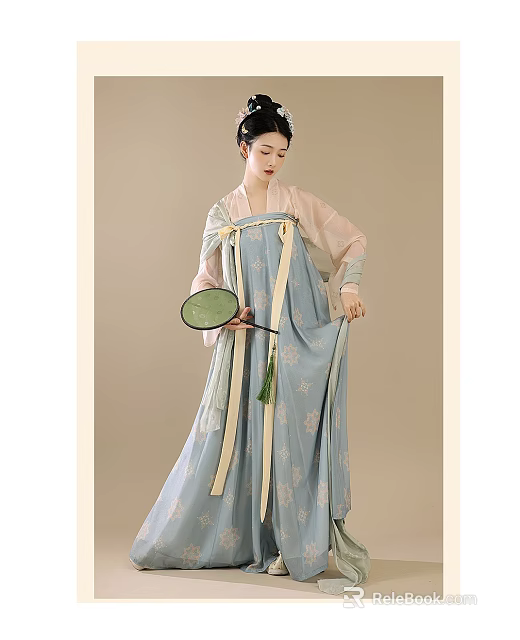 Woman in Traditional Light Blue Hanfu with Floral Patterns Holding Green Fan Against Beige Background 3d model 