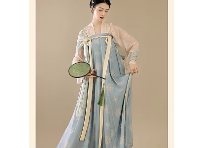 Woman in Traditional Light Blue Hanfu with Floral Patterns Holding Green Fan Against Beige Background 3d model
