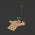Street Lamp Table And Chair Setup On Brick Paved Outdoor Surface