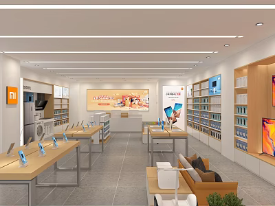 Modern Digital Store Interior With Display Tables Shelves Sofa And Electronic Products 3d model